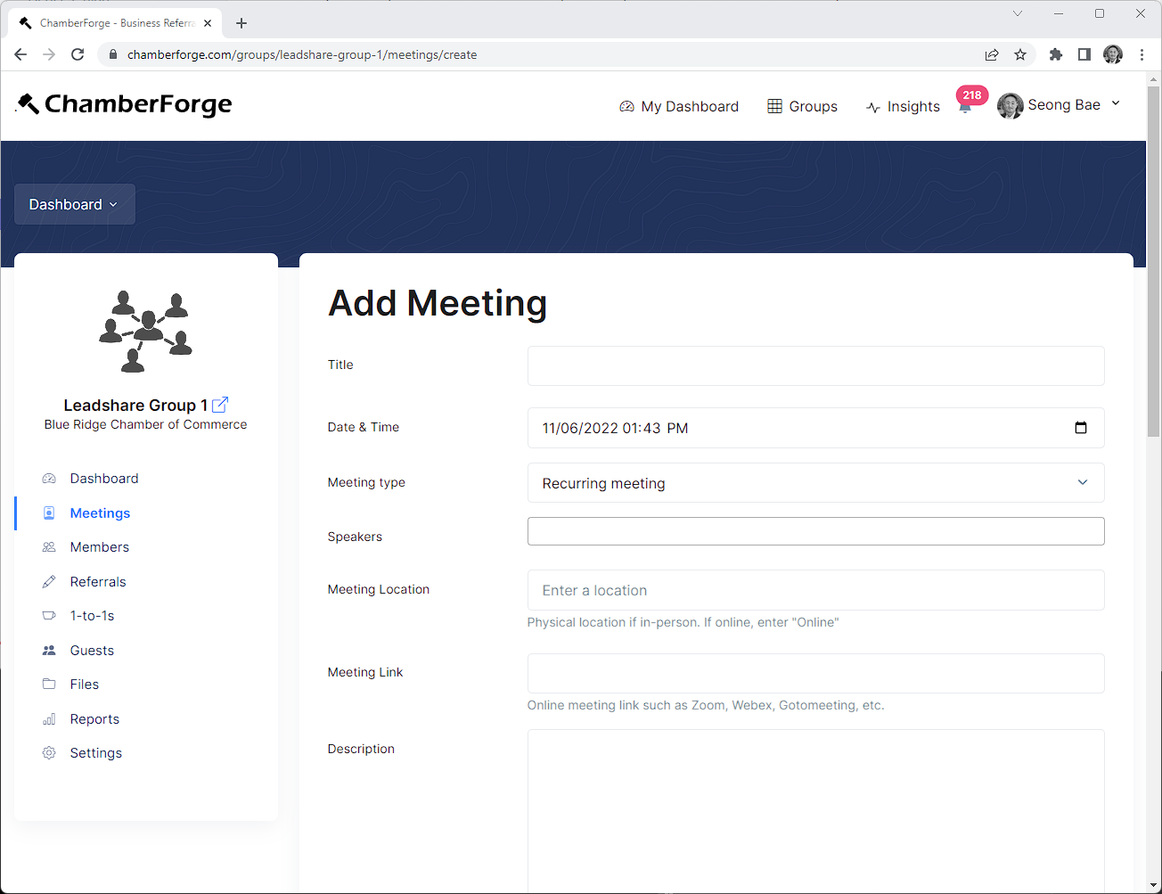 ChamberForge Create New Meeting