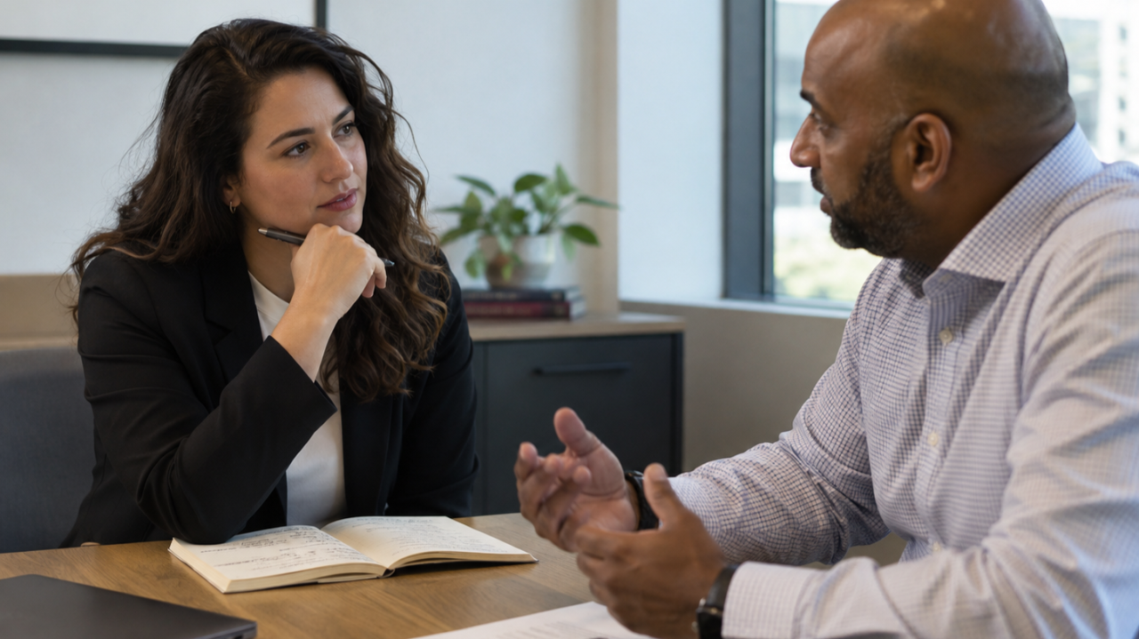 Financial advisor meeting with a client at an office desk