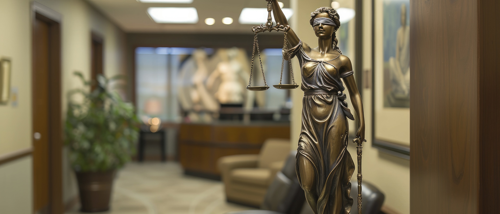 Lady Justice statue in a law firm office